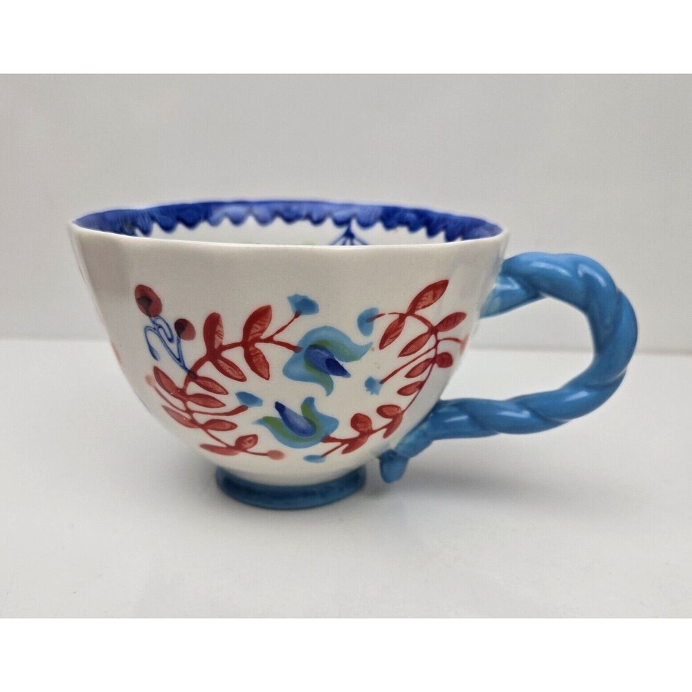 Anthropologie Mug PERCEFOREST Hand Painted Floral Flowers Twisted Handle Blue